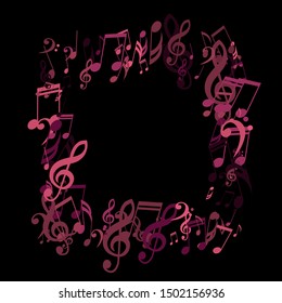 Square Frame of Musical Notes, Bass and Treble Clefs. Vector Background.