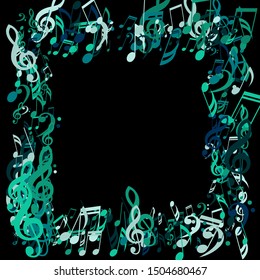 Square Frame of Musical Notes, Bass and Treble Clefs. Vector Background.