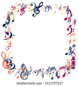 Square Frame of Musical Notes, Bass and Treble Clefs. Vector Background.