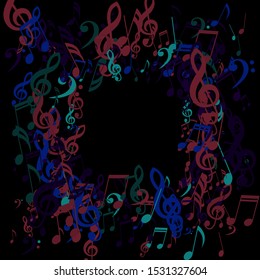 Square Frame of Musical Notes, Bass and Treble Clefs. Vector Background.