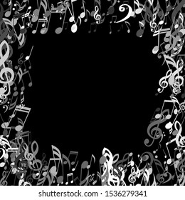 Square Frame of Musical Notes, Bass and Treble Clefs. Vector Background.