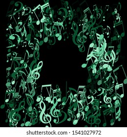 Square Frame of Musical Notes, Bass and Treble Clefs. Vector Background.