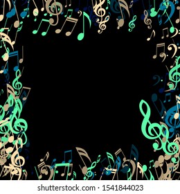 Square Frame of Musical Notes, Bass and Treble Clefs. Vector Background.