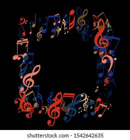 Square Frame of Musical Notes, Bass and Treble Clefs. Vector Background.