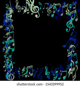 Square Frame of Musical Notes, Bass and Treble Clefs. Vector Background.