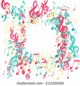 Square Frame of Musical Notes. Creative Background with Notes, Bass and Treble Clefs. Vector Element for Musical Poster, Banner, Advertising, Card. Minimalistic Simple Background.