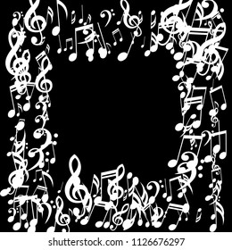 Square Frame of Musical Notes. Creative Background with Notes, Bass and Treble Clefs. Vector Element for Musical Poster, Banner, Advertising, Card. Minimalistic Simple Background.