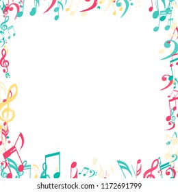 Square Frame of Musical Notes. Creative Background with Notes, Bass and Treble Clefs. Vector Element for Musical Poster, Banner, Advertising, Card. Minimalistic Simple Background.