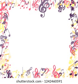 Square Frame of Musical Notes. Creative Background with Notes, Bass and Treble Clefs. Vector Element for Musical Poster, Banner, Advertising, Card. Minimalistic Simple Background.