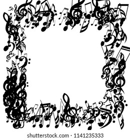Square Frame of Musical Notes. Modern Background with Notes, Bass and Treble Clefs. Vector Element for Musical Poster, Banner, Advertising, Card. Minimalistic Simple Background.