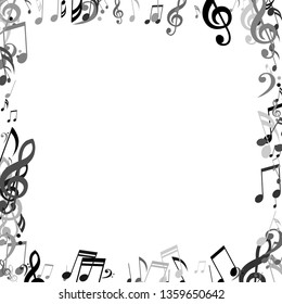 Square Frame of Musical Notes. Modern Background with Notes, Bass and Treble Clefs. Vector Element for Musical Poster, Banner, Advertising, Card. Minimalistic Simple Background.