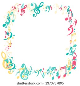 Square Frame of Musical Notes. Modern Background with Notes, Bass and Treble Clefs. Vector Element for Musical Poster, Banner, Advertising, Card. Minimalistic Simple Background.