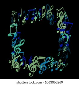 Square Frame of Musical Notes. Trendy Background with Notes, Bass and Treble Clefs. Vector Element for Musical Poster, Banner, Advertising, Card. Minimalistic Simple Background.