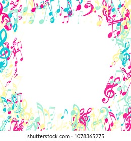 Square Frame of Musical Notes. Trendy Background with Notes, Bass and Treble Clefs. Vector Element for Musical Poster, Banner, Advertising, Card. Minimalistic Simple Background.