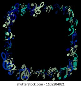 Square Frame of Musical Notes. Trendy Background with Notes, Bass and Treble Clefs. Vector Element for Musical Poster, Banner, Advertising, Card. Minimalistic Simple Background.