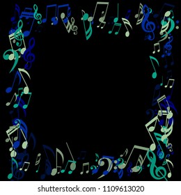 Square Frame of Musical Notes. Trendy Background with Notes, Bass and Treble Clefs. Vector Element for Musical Poster, Banner, Advertising, Card. Minimalistic Simple Background.