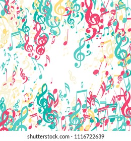 Square Frame of Musical Notes. Trendy Background with Notes, Bass and Treble Clefs. Vector Element for Musical Poster, Banner, Advertising, Card. Minimalistic Simple Background.