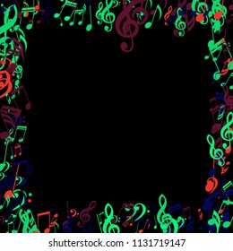 Square Frame of Musical Notes. Trendy Background with Notes, Bass and Treble Clefs. Vector Element for Musical Poster, Banner, Advertising, Card. Minimalistic Simple Background.