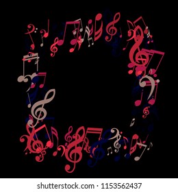 Square Frame of Musical Notes. Trendy Background with Notes, Bass and Treble Clefs. Vector Element for Musical Poster, Banner, Advertising, Card. Minimalistic Simple Background.