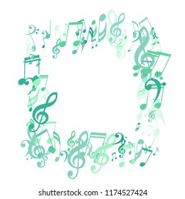 Square Frame of Musical Notes. Trendy Background with Notes, Bass and Treble Clefs. Vector Element for Musical Poster, Banner, Advertising, Card. Minimalistic Simple Background.