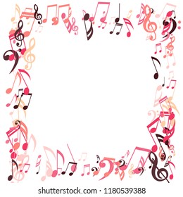Square Frame of Musical Notes. Trendy Background with Notes, Bass and Treble Clefs. Vector Element for Musical Poster, Banner, Advertising, Card. Minimalistic Simple Background.