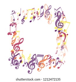 Square Frame of Musical Notes. Trendy Background with Notes, Bass and Treble Clefs. Vector Element for Musical Poster, Banner, Advertising, Card. Minimalistic Simple Background.