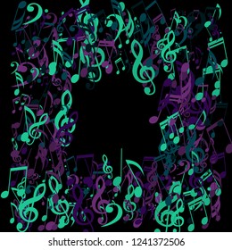 Square Frame of Musical Notes. Trendy Background with Notes, Bass and Treble Clefs. Vector Element for Musical Poster, Banner, Advertising, Card. Minimalistic Simple Background.