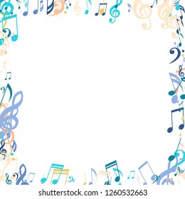 Square Frame of Musical Notes. Trendy Background with Notes, Bass and Treble Clefs. Vector Element for Musical Poster, Banner, Advertising, Card. Minimalistic Simple Background.