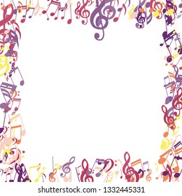 Square Frame of Musical Notes. Trendy Background with Notes, Bass and Treble Clefs. Vector Element for Musical Poster, Banner, Advertising, Card. Minimalistic Simple Background.