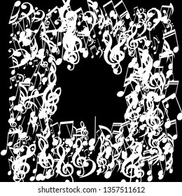 Square Frame of Musical Notes. Trendy Background with Notes, Bass and Treble Clefs. Vector Element for Musical Poster, Banner, Advertising, Card. Minimalistic Simple Background.