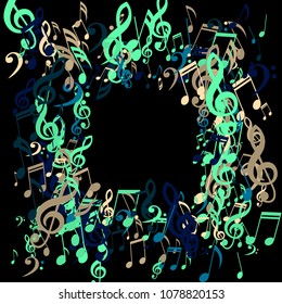 Square Frame of Musical Signs. Abstract Background with Notes, Bass and Treble Clefs. Vector Element for Musical Poster, Banner, Advertising, Card. Minimalistic Simple Background.