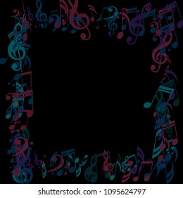 Square Frame of Musical Signs. Abstract Background with Notes, Bass and Treble Clefs. Vector Element for Musical Poster, Banner, Advertising, Card. Minimalistic Simple Background.