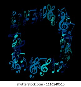 Square Frame of Musical Signs. Abstract Background with Notes, Bass and Treble Clefs. Vector Element for Musical Poster, Banner, Advertising, Card. Minimalistic Simple Background.