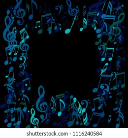 Square Frame of Musical Signs. Abstract Background with Notes, Bass and Treble Clefs. Vector Element for Musical Poster, Banner, Advertising, Card. Minimalistic Simple Background.