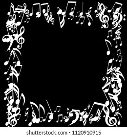 Square Frame of Musical Signs. Abstract Background with Notes, Bass and Treble Clefs. Vector Element for Musical Poster, Banner, Advertising, Card. Minimalistic Simple Background.