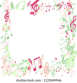 Square Frame of Musical Signs. Abstract Background with Notes, Bass and Treble Clefs. Vector Element for Musical Poster, Banner, Advertising, Card. Minimalistic Simple Background.