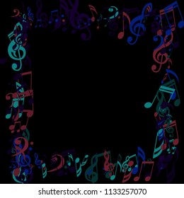 Square Frame of Musical Signs. Abstract Background with Notes, Bass and Treble Clefs. Vector Element for Musical Poster, Banner, Advertising, Card. Minimalistic Simple Background.
