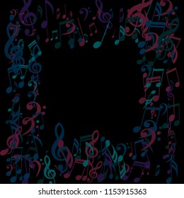 Square Frame of Musical Signs. Abstract Background with Notes, Bass and Treble Clefs. Vector Element for Musical Poster, Banner, Advertising, Card. Minimalistic Simple Background.