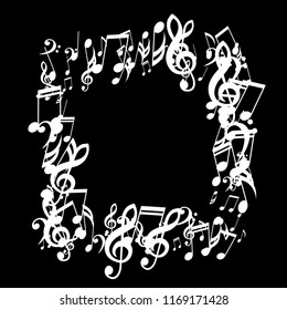 Square Frame of Musical Signs. Abstract Background with Notes, Bass and Treble Clefs. Vector Element for Musical Poster, Banner, Advertising, Card. Minimalistic Simple Background.