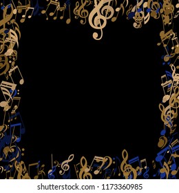 Square Frame of Musical Signs. Abstract Background with Notes, Bass and Treble Clefs. Vector Element for Musical Poster, Banner, Advertising, Card. Minimalistic Simple Background.