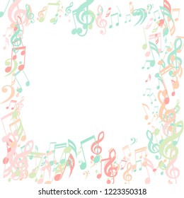 Square Frame of Musical Signs. Abstract Background with Notes, Bass and Treble Clefs. Vector Element for Musical Poster, Banner, Advertising, Card. Minimalistic Simple Background.
