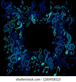 Square Frame of Musical Signs. Abstract Background with Notes, Bass and Treble Clefs. Vector Element for Musical Poster, Banner, Advertising, Card. Minimalistic Simple Background.