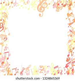 Square Frame of Musical Signs. Abstract Background with Notes, Bass and Treble Clefs. Vector Element for Musical Poster, Banner, Advertising, Card. Minimalistic Simple Background.
