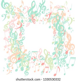 Square Frame of Musical Signs. Abstract Background with Notes, Bass and Treble Clefs. Vector Element for Musical Poster, Banner, Advertising, Card. Minimalistic Simple Background.