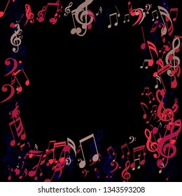 Square Frame of Musical Signs. Abstract Background with Notes, Bass and Treble Clefs. Vector Element for Musical Poster, Banner, Advertising, Card. Minimalistic Simple Background.