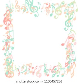 Square Frame of Musical Signs. Creative Background with Notes, Bass and Treble Clefs. Vector Element for Musical Poster, Banner, Advertising, Card. Minimalistic Simple Background.