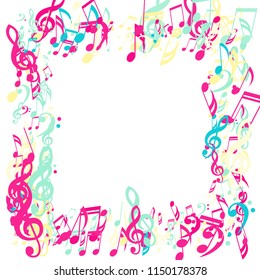 Square Frame of Musical Signs. Creative Background with Notes, Bass and Treble Clefs. Vector Element for Musical Poster, Banner, Advertising, Card. Minimalistic Simple Background.