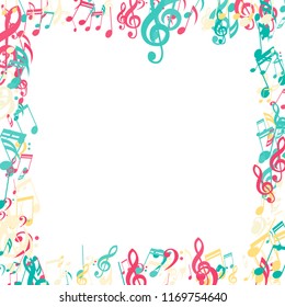 Square Frame of Musical Signs. Creative Background with Notes, Bass and Treble Clefs. Vector Element for Musical Poster, Banner, Advertising, Card. Minimalistic Simple Background.