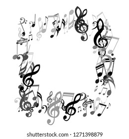 Square Frame of Musical Signs. Creative Background with Notes, Bass and Treble Clefs. Vector Element for Musical Poster, Banner, Advertising, Card. Minimalistic Simple Background.