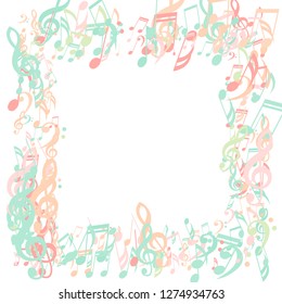 Square Frame of Musical Signs. Creative Background with Notes, Bass and Treble Clefs. Vector Element for Musical Poster, Banner, Advertising, Card. Minimalistic Simple Background.